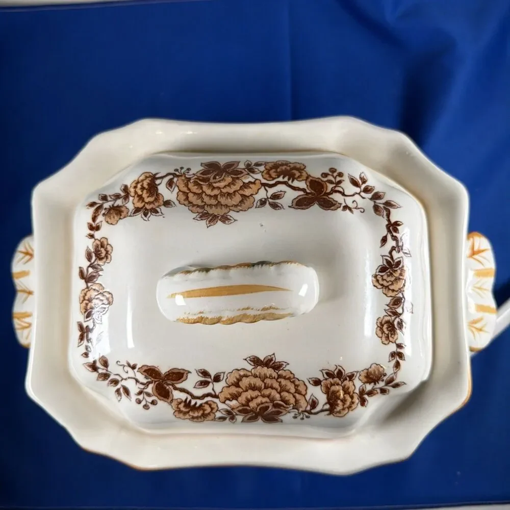 Vtg Soup Tureen Ladle Lid Brown Orange Floral Chintz Ceramic Japan Mid Century